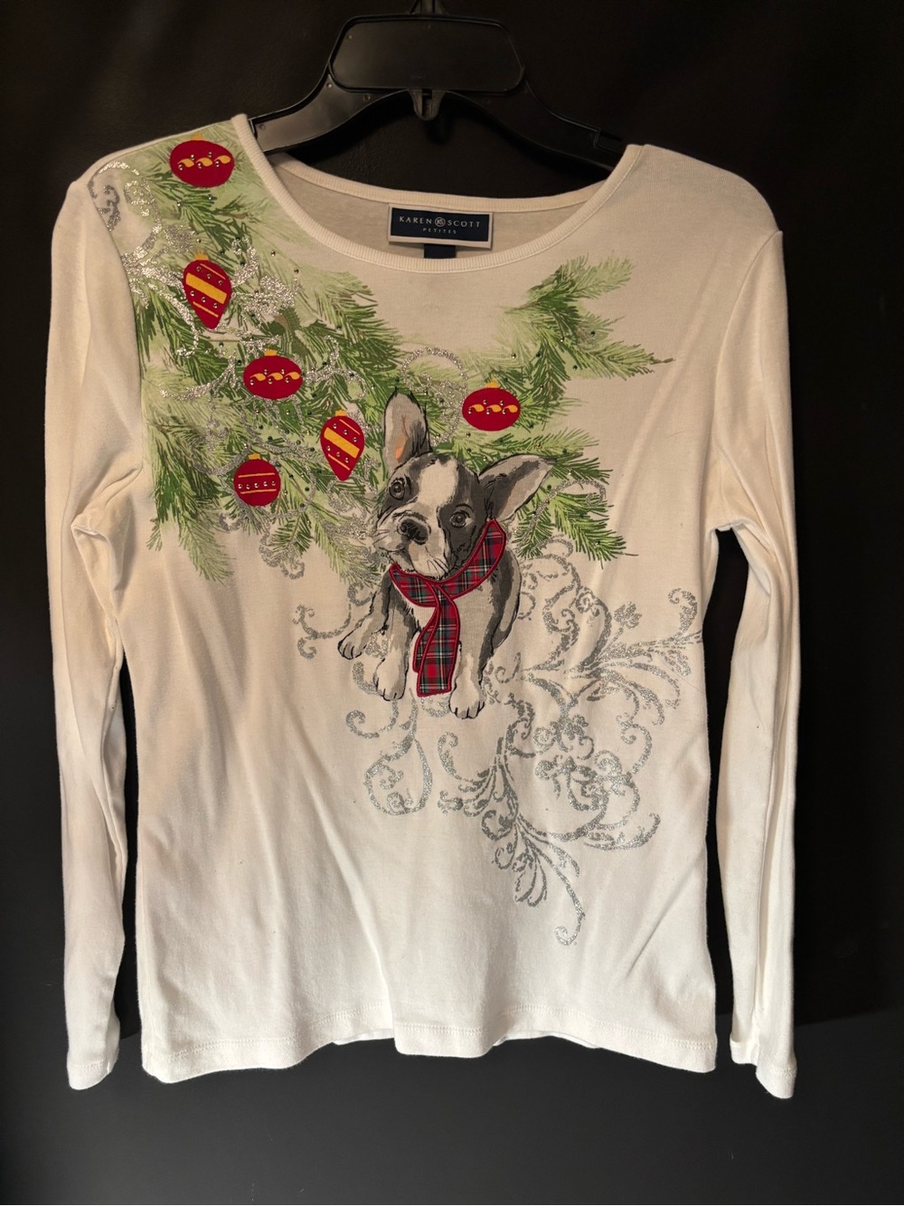 Karen Scott White Festive Dog Graphic Long Sleeve Tee Frenchie Petite Medium